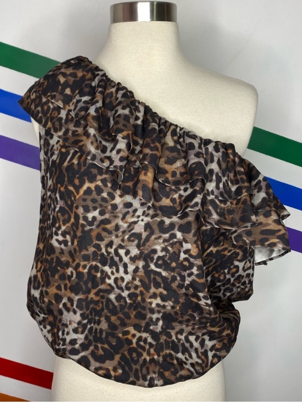 NEW Mare Mare Anthropologie Leopard Print One Shoulder Ruffle Blouse M